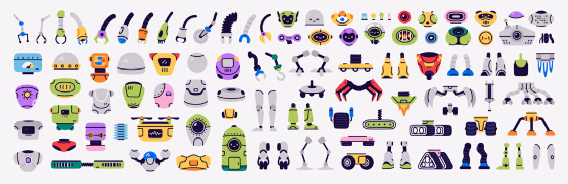 Vector set of bright and colorful robot parts. Unique elements to create fun and creative robots, perfect for design projects, kids&rsquo; games, educational materials, and imaginative construction kits.
