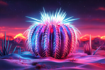 Glowing cactus in a desert landscape, rendered in vibrant pink, blue, and white neon colors under a night sky