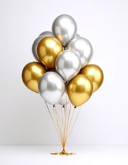 Bunch of golden and silver balloons on white background