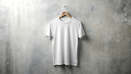 Blank white cotton t-shirt hanging on wooden hanger against textured gray wall