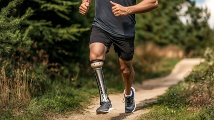 Amputee athlete with a prosthetic leg engages in outdoor training workout on a mountain path
