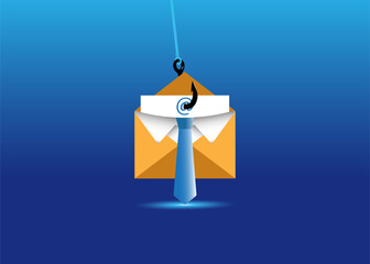 Concept of cyber attack. Whaling, Phishing Attacks Targeting Executives. Paper mail letter with metal hook.