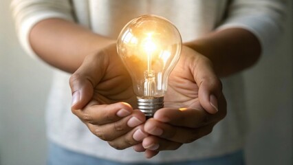 A person holding a glowing light bulb in their hands.