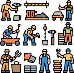 A modern filled style labor construction icon set featuring hammer workers toolbox vest gloves tape measure cement and basic construction items.