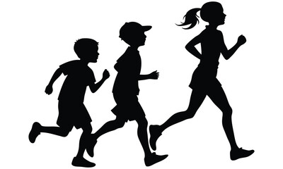 Silhouettes of three children running energetically outdoors in a race