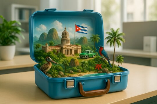 Blue suitcase with vibrant scene of Cuba inside suitcase, showcasing lush greenery, ornate buildings, and colorful elements. Concept of travel, Cuba as miniature paradise. - Powered by Adobe