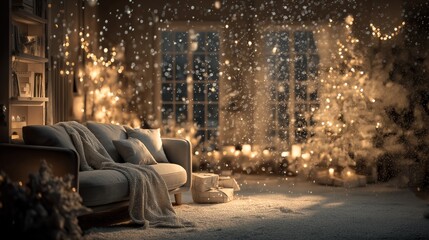 Bright living room with Christmas tree, garlands, glowing gifts, snow outside, holiday mood and cozy winter interior, magic lights.