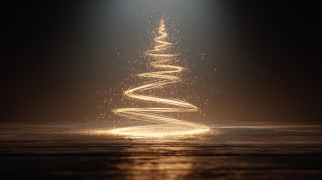 Bright golden spiral forms a Christmas tree silhouette, sparkling particles and magical glow on a wooden surface, festive holiday spirit.