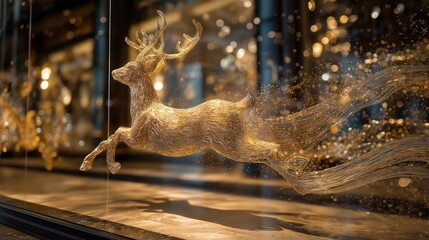 A golden reindeer made of glowing threads flying in a store window, surrounded by sparkling light, evoking holiday magic and wonder.