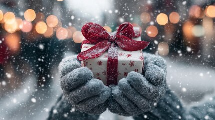 Close-up of gloved hands holding a beautifully wrapped gift box with red bow and snowflake design.