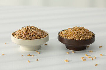 Heap of kamut kernels on white background