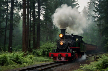 Fototapeta premium Steam train journey through lush forest