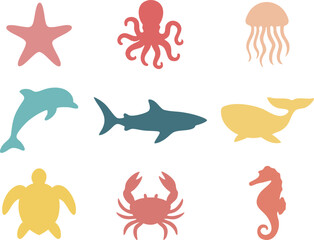 Vector collection of sea animals including whales, dolphins, starfish, octopus, and marine life illustrations in flat cartoon style.