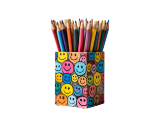 Colorful pencils in a smiley face holder against black background, Isolated On White, Png Transparent