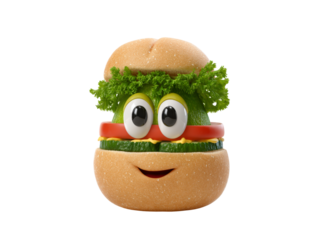 Happy veggie burger cartoon character food fun, Isolated On White, Png Transparent
