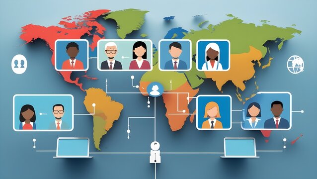 Vector illustration of a video conference with diverse people from different continents, shown in floating windows connected by data lines. Use simple character design and include global location icon - Powered by Adobe