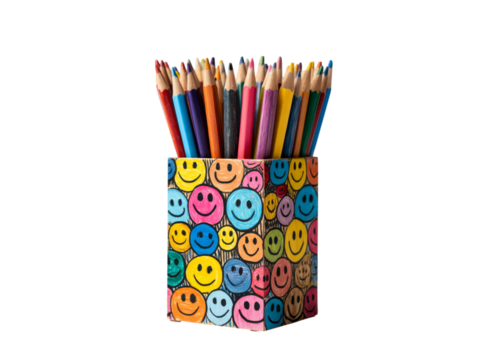 Colorful pencils in a smiley face holder against black background, Isolated On White, Png Transparent
