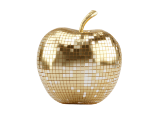 Gold disco ball apple shaped decorative ornament, Isolated On White, Png Transparent