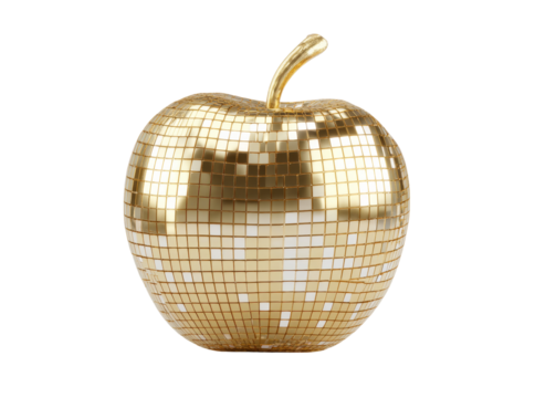 Gold disco ball apple shaped decorative ornament, Isolated On White, Png Transparent