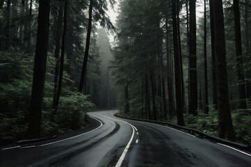 Winding road through dark foggy forest