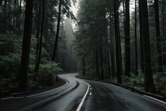Winding road through dark foggy forest