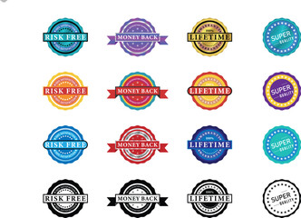 Colorful Vector Guarantee Badge Set with Risk Free, Money Back, Lifetime Warranty, and Super Quality Labels