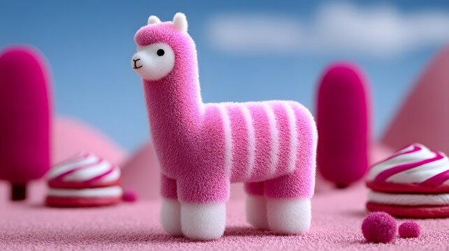 Whimsical cotton candy alpaca in a dessert-themed landscape