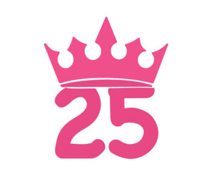 Vector illustration of 25th birthday party pink clip art icon - Number twenty five with a crown