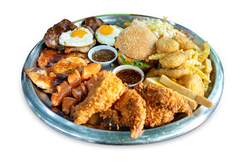 Top view of fried egg burger mix steak and sausage with sauce, focus selective