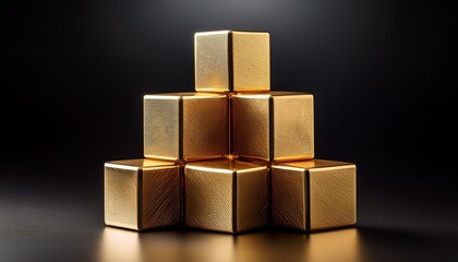 Obraz premium stack of golden cubes arranged in a pyramid shape on dark background with high contrast lighting and intricate textures highlighting their surface