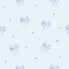 striped white  blue  bows and flowers seamless pattern , vector , illustration