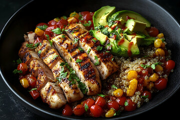 Grilled chicken breast with quinoa, avocado, and salsa