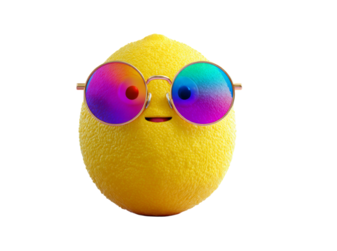 Cool lemon wearing rainbow sunglasses summer fruit, Isolated On White, Png Transparent