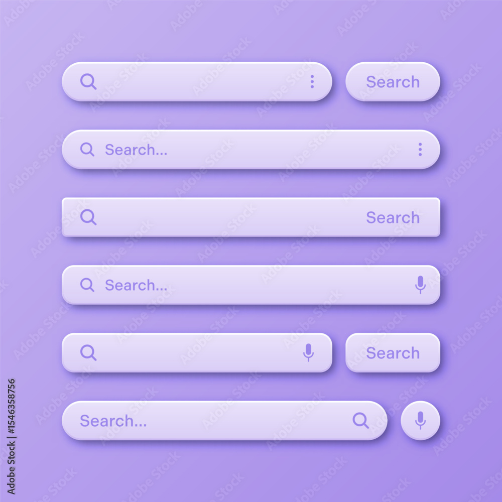 Fototapete Colorful 3d search bar templates. Internet browser engine with search box, address bar and text field. UI design, website interface element with web icons and push button. Vector illustration