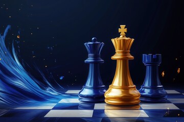 The king chess piece stands tall amidst the chess pieces on a chessboard, symbolizing strategic thinking and planning in a captivating setting.