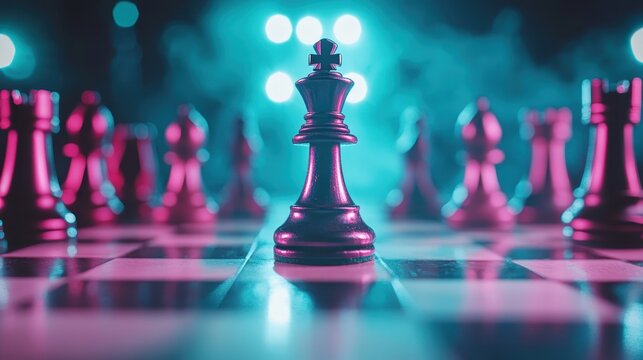 A striking close-up of a shiny king piece at the center of a chessboard captures the tension and strategy intrinsic to the game of chess in a dramatic, cinematic lighting.