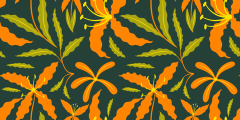 Seamless vector floral pattern with colorful flowers and green leaves, ideal for decorative design projects, arts and design use.