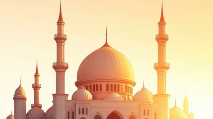 Majestic Mosque Against Sunset Sky with Imposing Minarets and Domes