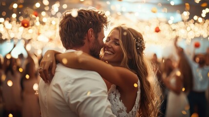 A couple shares a joyous embrace during their wedding reception, enveloped in fairy lights and warmth, encapsulating the essence of love and celebration in a captivating moment.