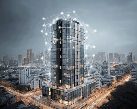 Network security architect firewall encryption technology. Infrastructure strategy technology. Corporate building with digital firewalls