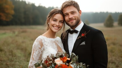 A joyful bride and groom embrace in a serene outdoor landscape, showcasing their love amidst natural beauty, ideal for celebrating their wedding day.