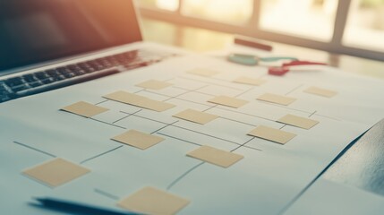 Business Process Mapping with Flowchart and Laptop in Sunlit Office Environment