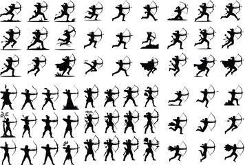 Silhouette of Archery Pose – Bow and Arrow Icon Collection Archer Aiming Bow Icon Silhouette Set – Precision and Focus Design Pack