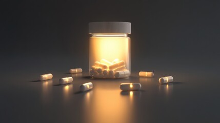 Illuminated Pill Bottle with Capsules in a Dark Background for Health and Wellness Concept