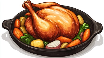 Roasted Chicken with Colorful Vegetables in a Cast Iron Pan Ready for Serving