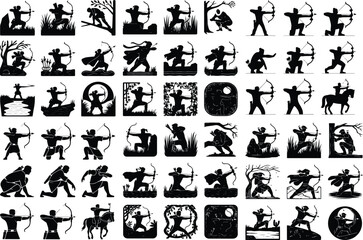 Silhouette of Archery Pose – Bow and Arrow Icon Collection Archer Aiming Bow Icon Silhouette Set – Precision and Focus Design Pack