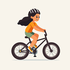 Obraz premium Smiling girl with long hair riding black bicycle wearing orange shirt green shorts and safety helmet flat vector illustration