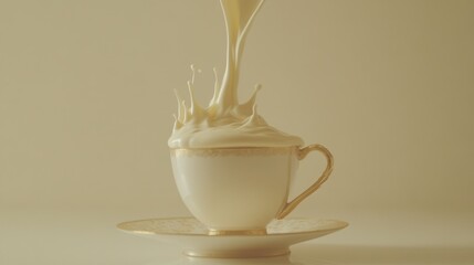 Cream Pouring into a White Cup Creating Splashes Against a Soft Neutral Background