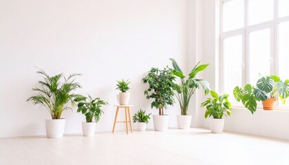 Fototapeta premium ナチュラルテイストの部屋、たくさんの観葉植物