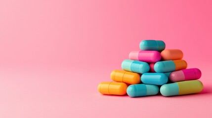 Colorful Capsules and Tablets Stacked on a Soft Pink Background for Health and Wellness
